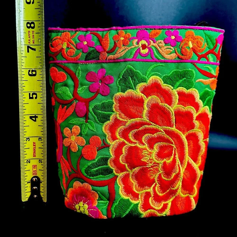 Thai Hmong Embroidered Cosmetic Bag Peony Floral Makeup Pouch 8” Boho Travel